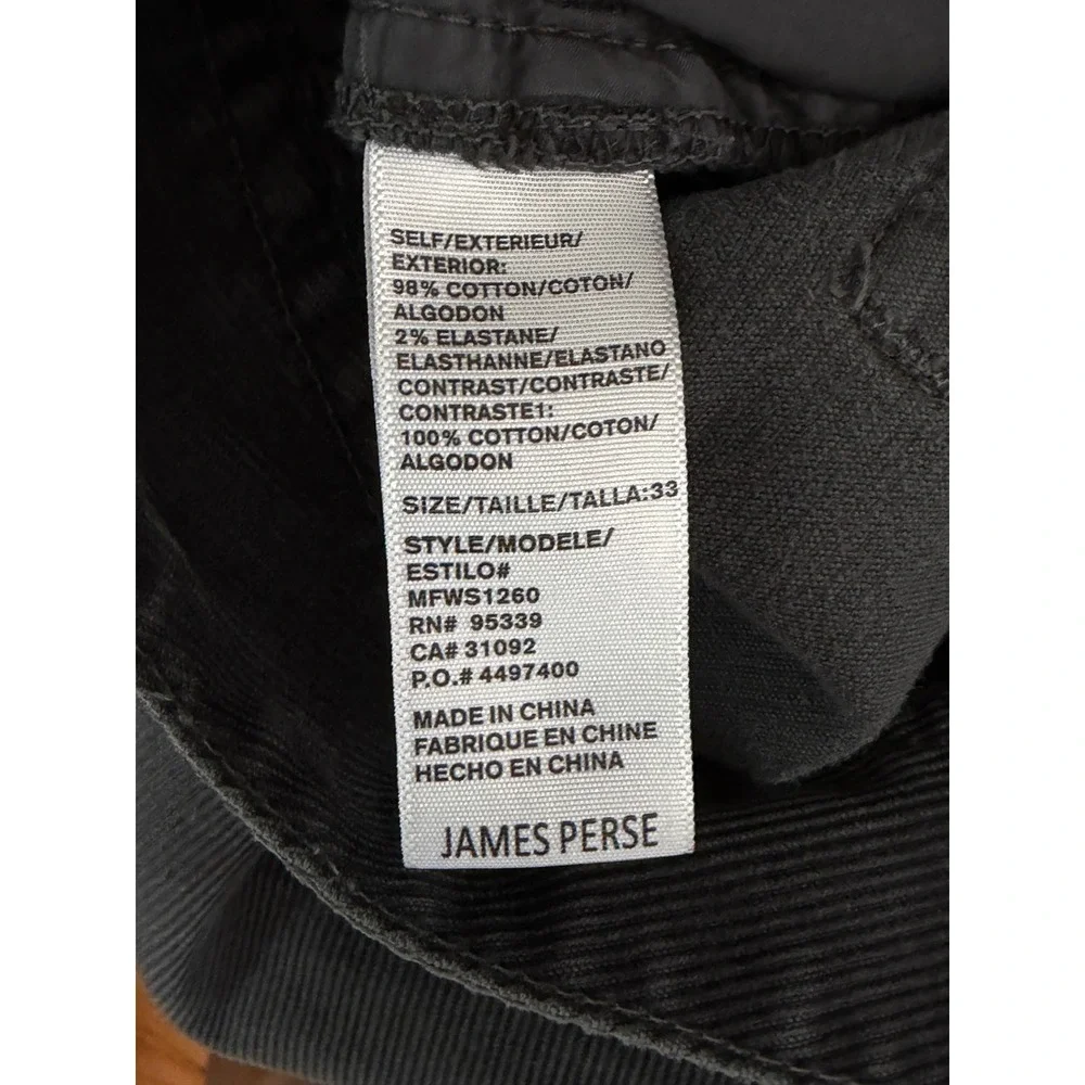 James Perse Corduroy Pants Mens 33 Grey Casual Slim Fit Stretch Preppy Casual